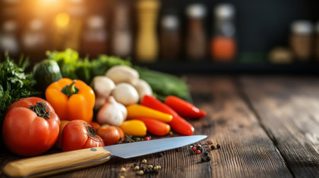 Wooden table with colorful vegetables, chef knife beside generative aiの素材