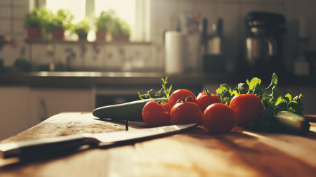 Table with fresh vegetables, out of focus kitchen background, generative aiの素材