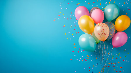 Vibrant blue background with colorful balloons. generative aiの素材
