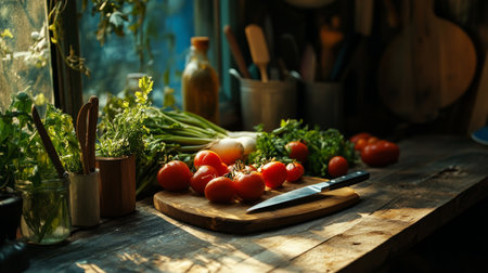 Rustic table with fresh organic vegetables, a sharp knife placed next to them generative aiの素材