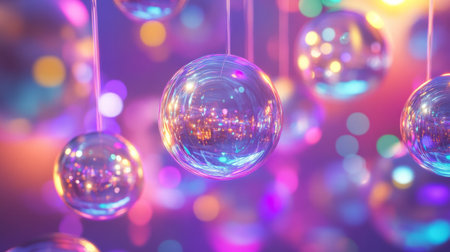 Elegant floating glass spheres reflecting multicolored lights generative aiの素材