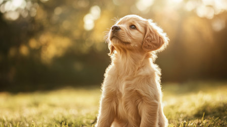 Golden retriever puppy sitting in a grass field, looking up generative aiの素材