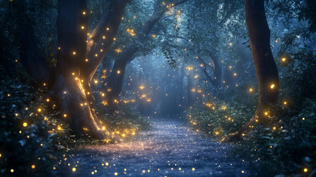 Magical lights of fireflies dancing in a dark and mystical forest generative aiの素材