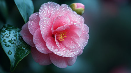 Pink camellia flower covered in morning dew generative aiの素材