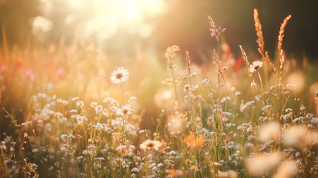 Wild flowers in a meadow, soft pastel colors, golden sunlight generative aiの素材