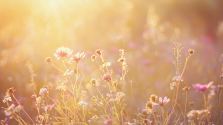 Wild flowers in a meadow, soft pastel colors, golden sunlight generative aiの素材