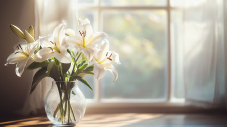 White lilies in a glass vase, illuminated by soft light through the window generative aiの素材