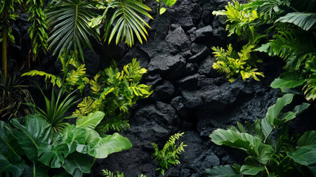 Dark volcanic rock platform surrounded by tropical plants, creating a rich contrast with vibrant vegetation. generative aiの素材