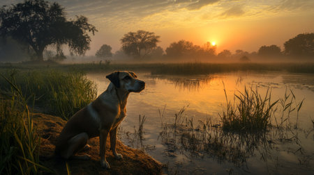 Dewy grass in the fields of Punjab, soft morning mist, and a stunning sunrise generative aiの素材