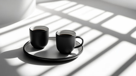 Two black coffee cups resting on a plate, soft shadows on a white minimalist surface generative aiの素材