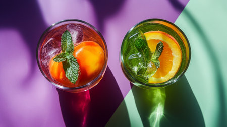 Two vibrant summer drinks with floating mint and peach. generative aiの素材