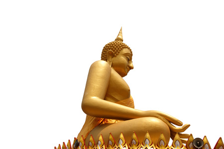 Side view of Golden buddha statue isolated on white backgroundの写真素材