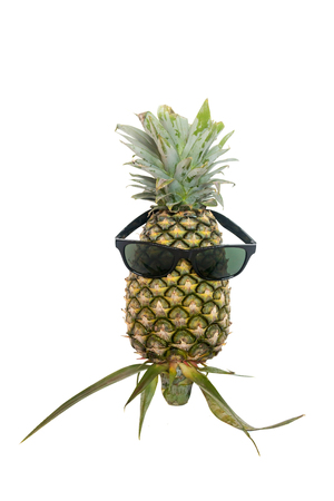 Pineapple wearing sunglasses on white background, Isolated.の写真素材