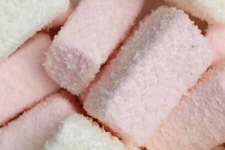 Coconut marshmallows macro from above pink and white