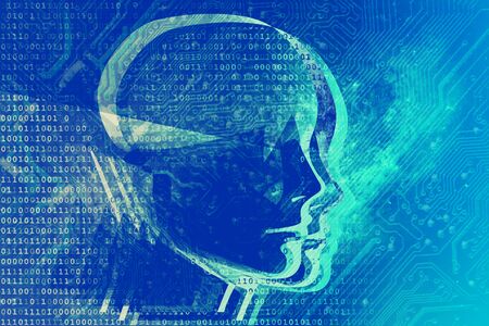 Artificial intelligence abstract illustration including woman head binary one and zero numbers blue...