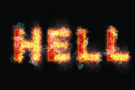 Hell letters on fire word text flames smoke burning. Written in English with yellow, orange and red burning effect with black backgroundの写真素材