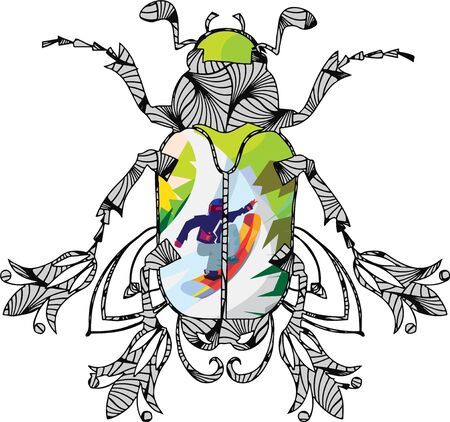 Metamorphosis of a snowboarder and a bettle with the reflection of the landscape on its shell.のイラスト素材