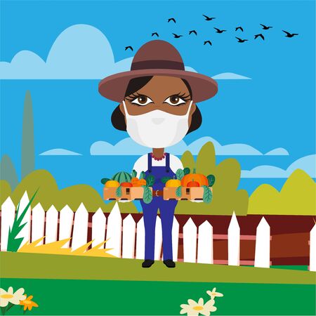 Black Afro African Dark skin female farmer holding vegetables with white gloves and hygiene mask on his farm land virus epidemic pandemic protection. Coronavirus is also affecting the food industry, and fruits and vegetables could be carrying the virus.のイラスト素材
