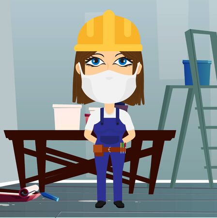 Caucasian Female builder with hygiene mash yellow helmet blue overalls and tools belt and tools belt and hands behind his back.のイラスト素材