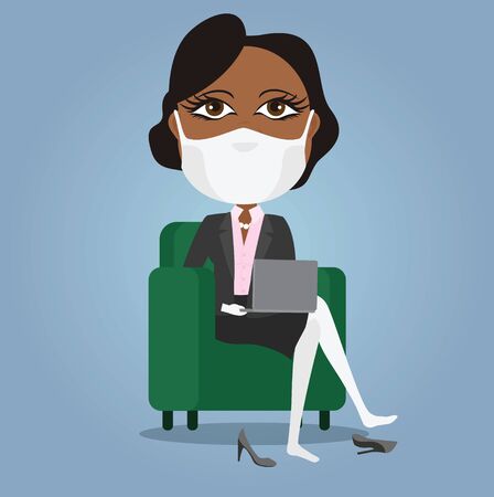 Black businesswoman working from home on her sofa with laptop mask and white gloves during virus lockdown with shoes off.のイラスト素材