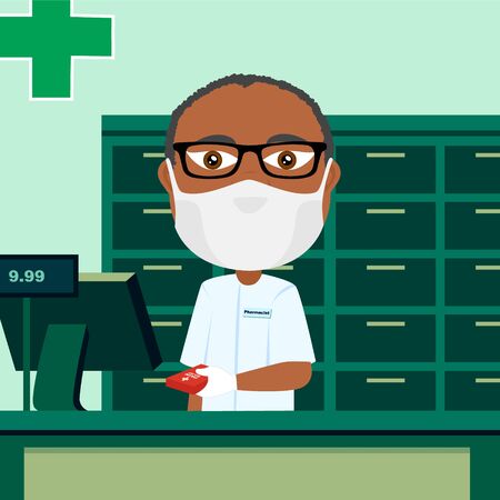 Black male pharmacist behind counter with protective mask white glove cash register and medication.のイラスト素材