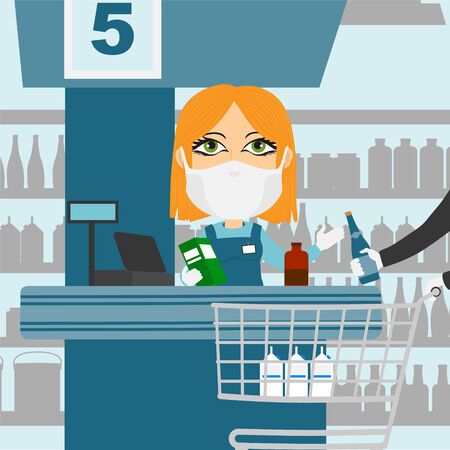 Supermarket cash register female caucasian blonde with protective mask and white gloves scanning products with client and shopping cart.のイラスト素材
