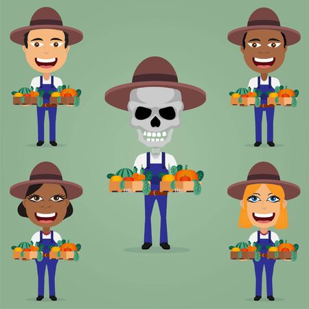 Set farmer smiling holding vegetables boxes black and white males and females skeleton with hat.のイラスト素材