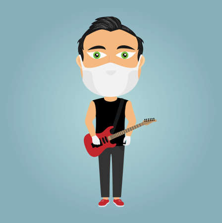 Musician with red electric guitar wearing mask and white gloves.のイラスト素材
