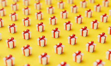 White gift boxes with red ribbon, on yellow background. Pattern concept for women and holidays. 3D...