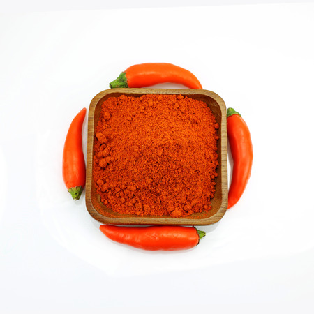 Crushed red pepper on white backgroundの写真素材