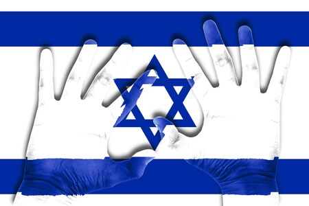 hands on israel flag backgroundの写真素材