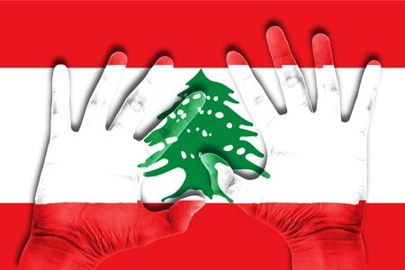 hands on lebanon flag backgroundの写真素材
