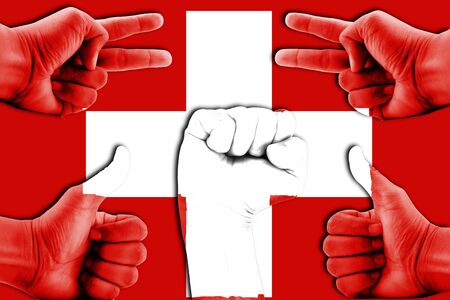 hands on Switzerland flag backgroundの写真素材