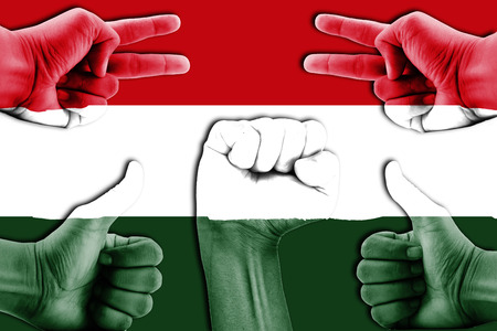 hands on Hungary flag backgroundの写真素材