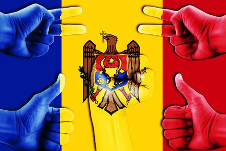 hands on Moldova flag backgroundの写真素材