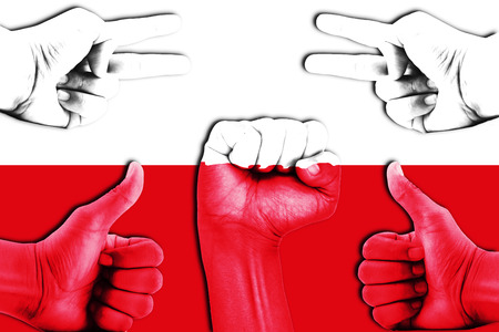 hands on Poland flag backgroundの写真素材
