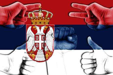 hands on Serbia flag backgroundの写真素材