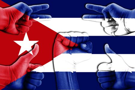 hands on Cuba flag backgroundの写真素材