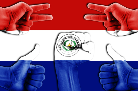 hands on Paraguay flag backgroundの写真素材