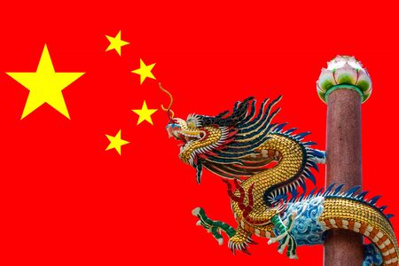 PRC Flag (China) with Dragon Sculptureの写真素材