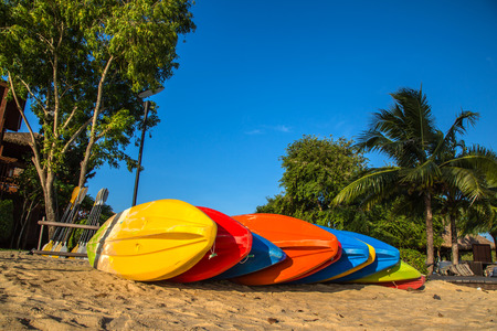 Colorful canoe on the beach at Ranong, Thailand.の写真素材