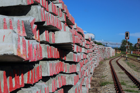 New cement pole use for build Pole rail transportation under blue sky.の写真素材