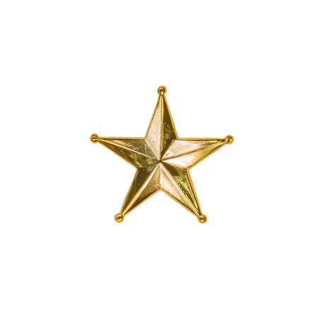 Golden Christmas Star isolated on white Background. Close up view of gold star.の写真素材