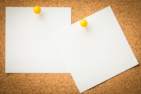 yellow pin white paper on cork board texture or background for note, input text