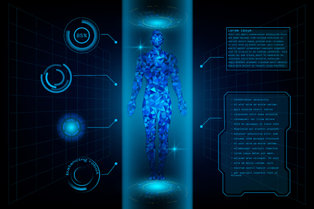 HUD interface virtual human body polygonal hologram future system health innovation and technology concept background, vector illustration.のイラスト素材