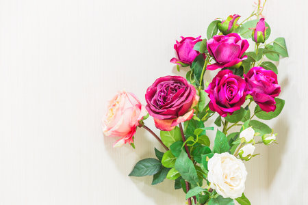 rose flower plastic on white wallpaper backgroundの写真素材