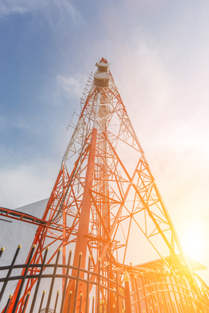 communication tower or 4G network telephone cellsite at sunsetの写真素材