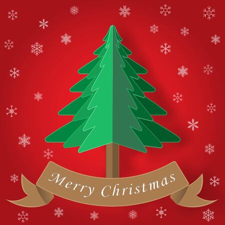 Christmas tree and snowflake on red background as Merry Christmas, paper art and craft style concept. vector illustrationのイラスト素材