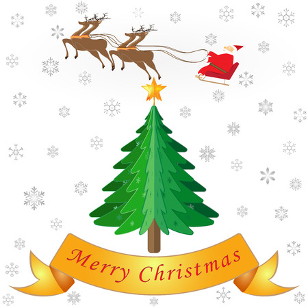 Christmas tree, Santa Claus on Sleigh, Reindeer and snowflake on white background as Merry Christmas, paper art and craft style concept. vector illustrationのイラスト素材