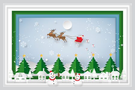 Santa Claus on Sleigh, Reindeer and Snowman on snowflakes, merry christmas in the winter and happy new year 2018 background as holiday and x'mas day concept. vector paper art and craft style.のイラスト素材
